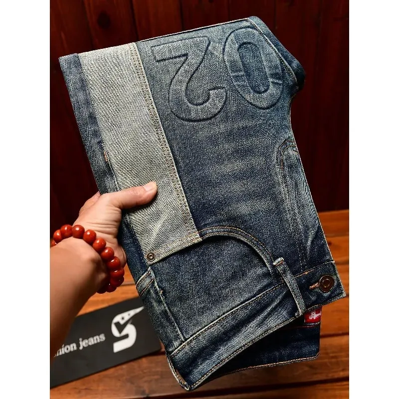 Fashionable high-end jeans for men slim fit small feet washed retro patchwork design trendy and luxurious men's pants