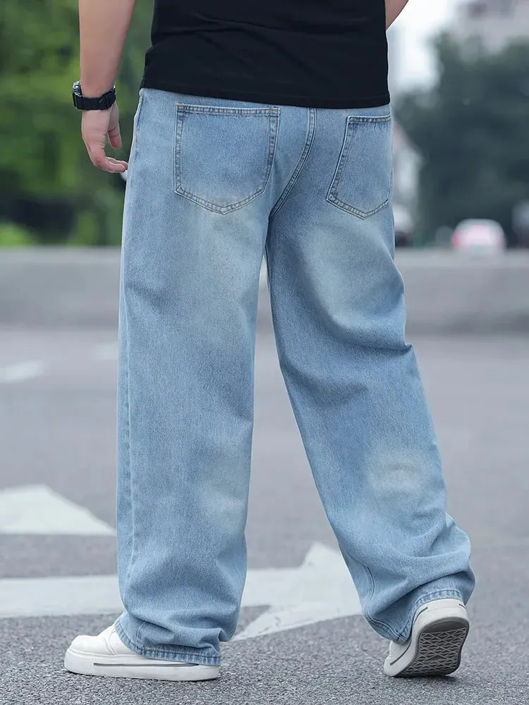 Plus Size Men's High Waist Straight Leg Jeans Four Seasons Loose Baggy Denim Trousers Casual Versatile Long Pants New