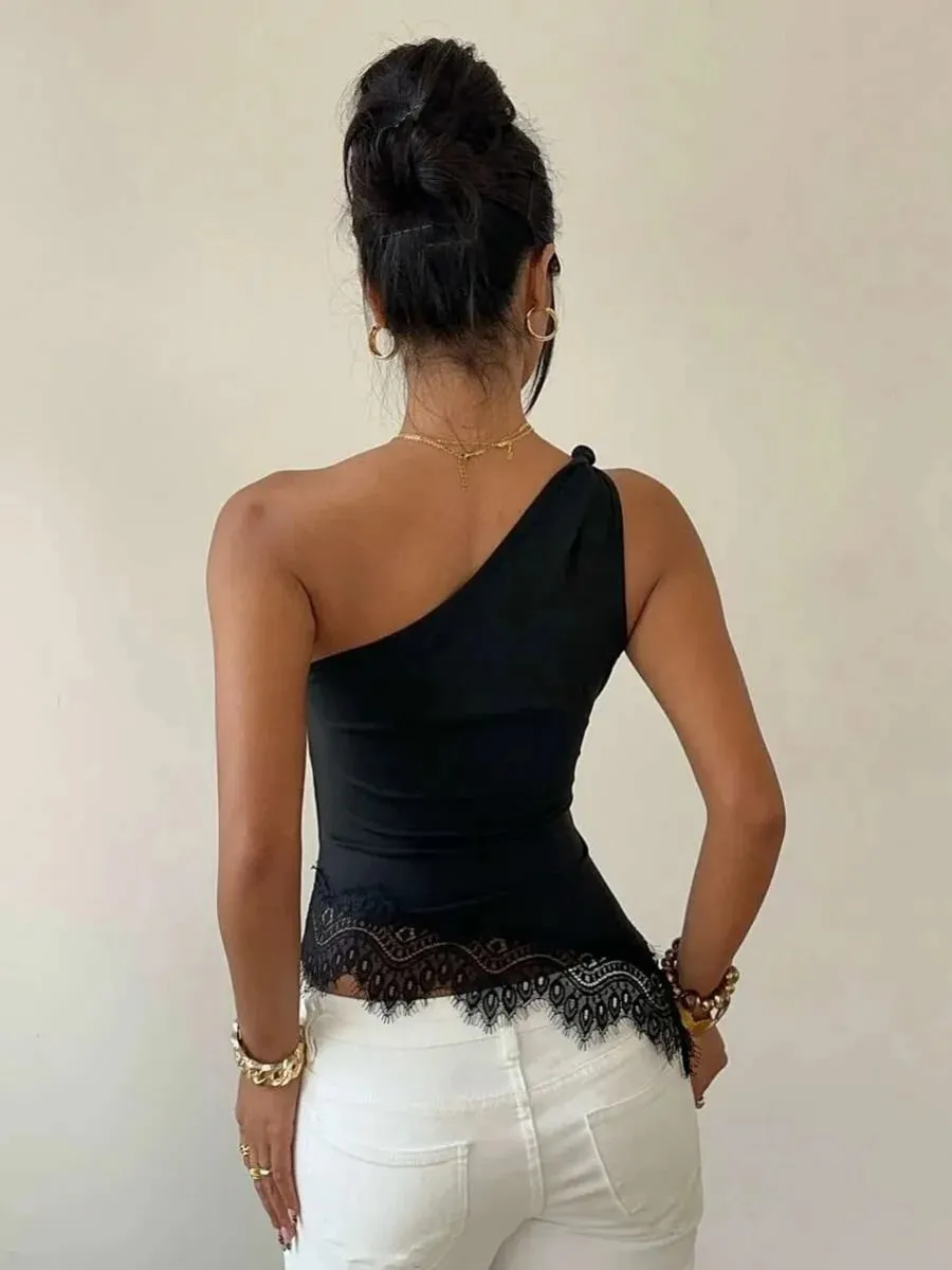 Women Black Lace Patchwork Twist Knot One Shoulder Top Summer Casual Y2K Street Style Backless Ruched Slim fit Crop Top