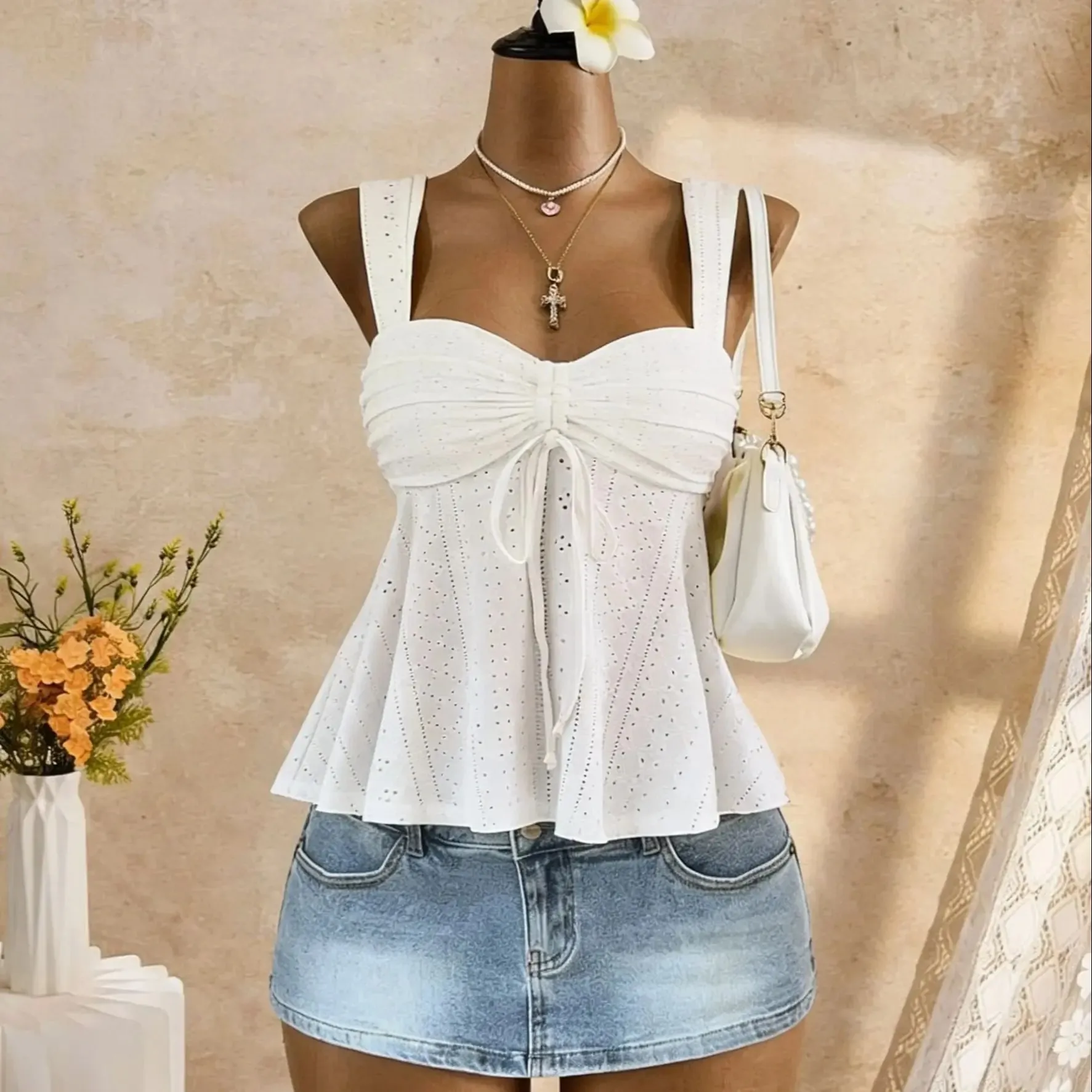 Women Sweetheart Neck Drawstring Ruched Peplum Cami Top Polka Dot Print Sleeveless Casual Camisole Outfit