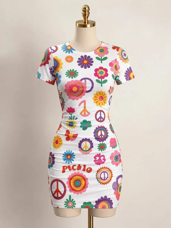 Womens Short Sleeve Bodycon Mini Dress Slim Fit Crew Neck Floral Print Casual Summer Party Cute Comfy Vacation Vacation Sundress