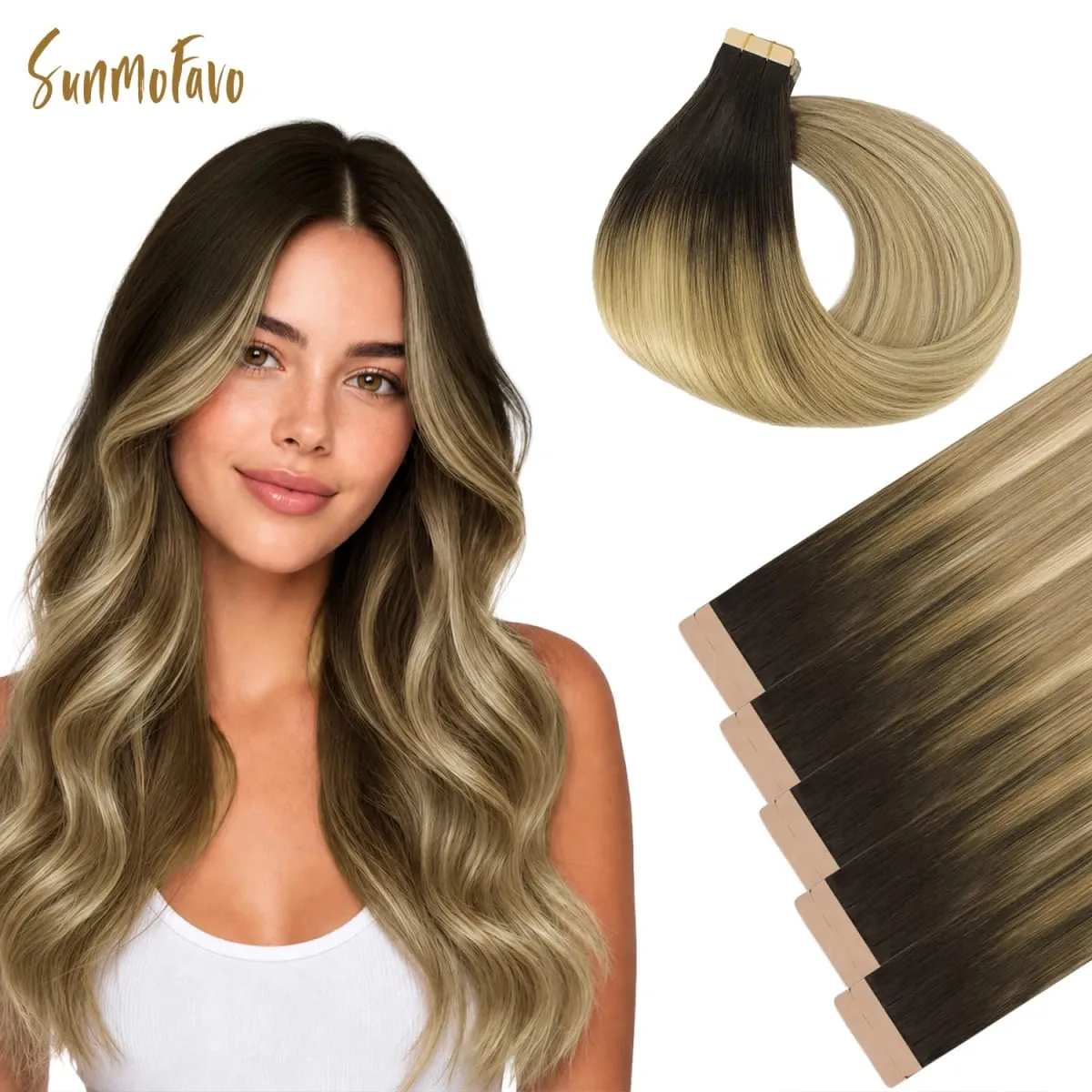 Sunmofavo Invisible Tape In Hair Extensions Seamless Full Thick Silky Straight Ombre Walnut Brown 10Pcs 100% Remy Human Hair