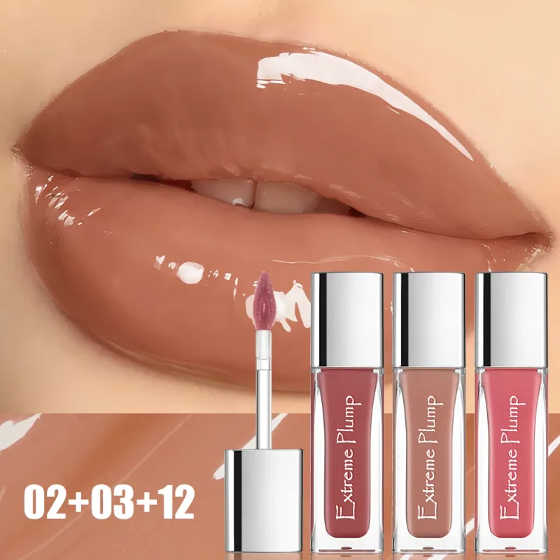 3 יחידות Extreme Plump Lip Gloss סט גימור זכוכית למראה שפתיים גלזורי לחות לא דביק עמיד למים שפתון נוזלי עירום — image 2