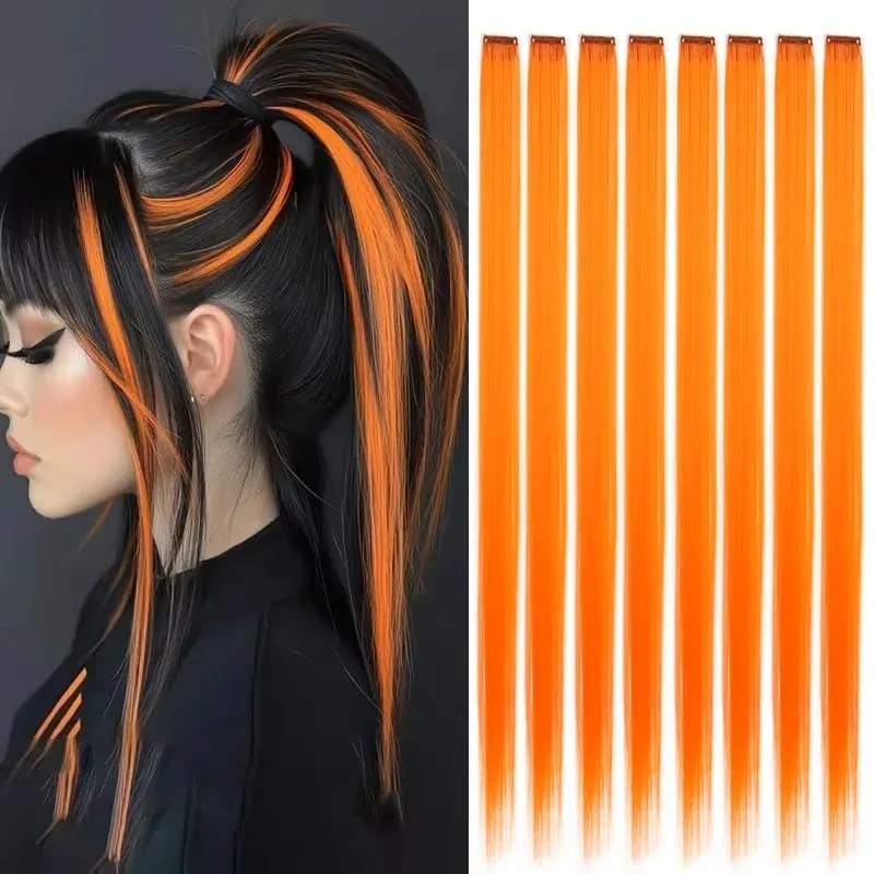 22Inch Synthetic 8pcs Long Straight Clip-In Hair Extension Highlights Multi-Color Rainbow Hairpiece for Women Daily Praty Use