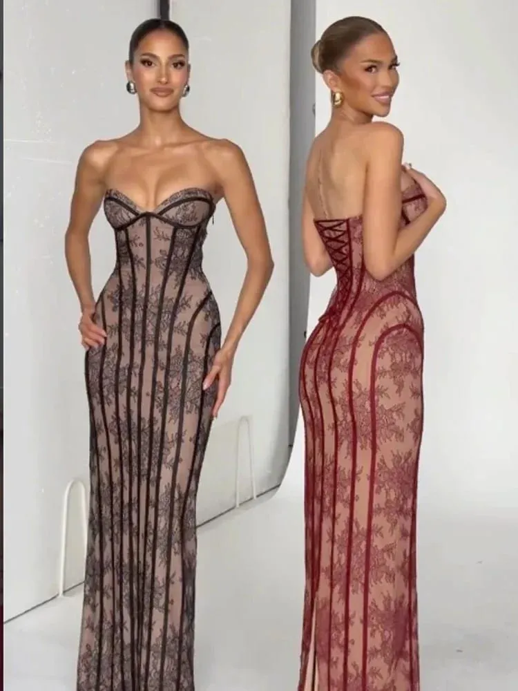 Women Strapless Tulle Fishbone Dress Backless Off Shoulder Printed Patchwork Slim Maxi Dresses 2026 Lady Chic Party Evening Gown