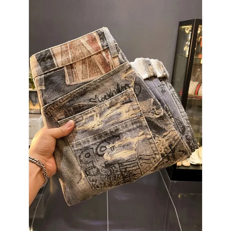 American high-end retro printed design jeans men's 2025 autumn new cool and loose straight leg long pants