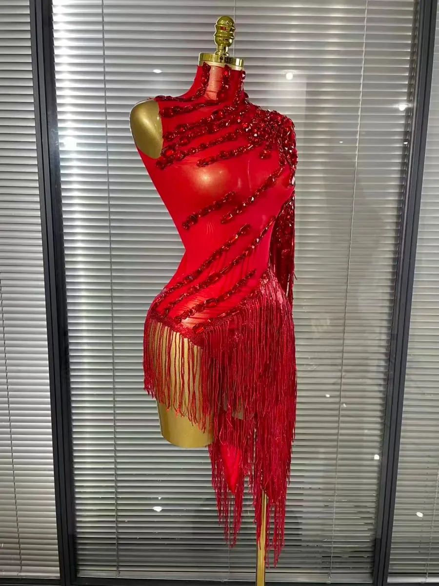Black Red Women Sexy One Shoulder Shinning Crystal Sequins Tassels Bodycon Mid-calf Dress Nightclub Party Bar Dancer Costumes