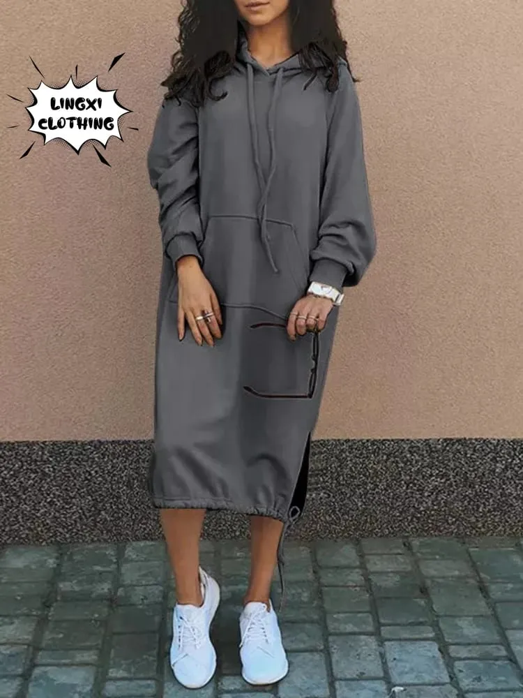 Gaun Panjang Hoodie Hangat Belahan Saku Elegan Berkerudung Besar Jubah Sweter Wanita Baru Mode Musim Gugur dan Musim Dingin 2023