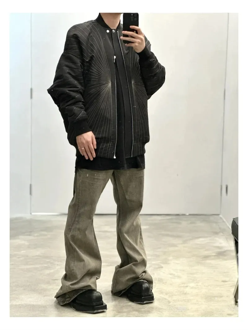 High Street RO Style Jeans Pants Men's Horn Wide Legs Look Skinny Stacked Dragging Wrinkled Cat Beard Wasteland Denim Pant