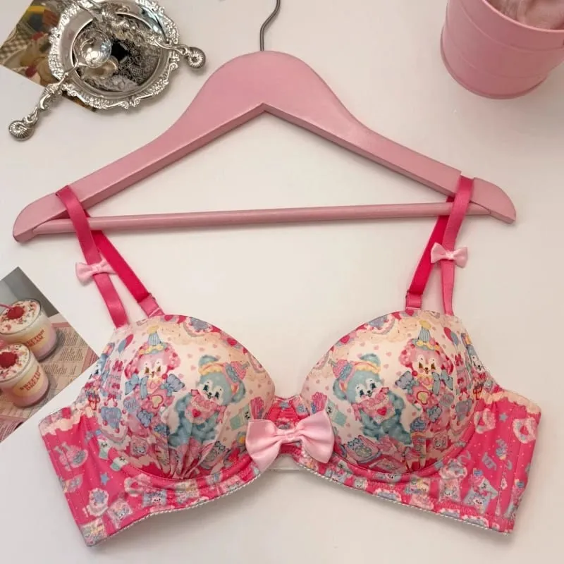 Japanese Sweet Lolita Style Women Cute Candy Rabbit Print Bra Panties Lingerie Set Girls Kawaii Underwear Panty Intimates Sets
