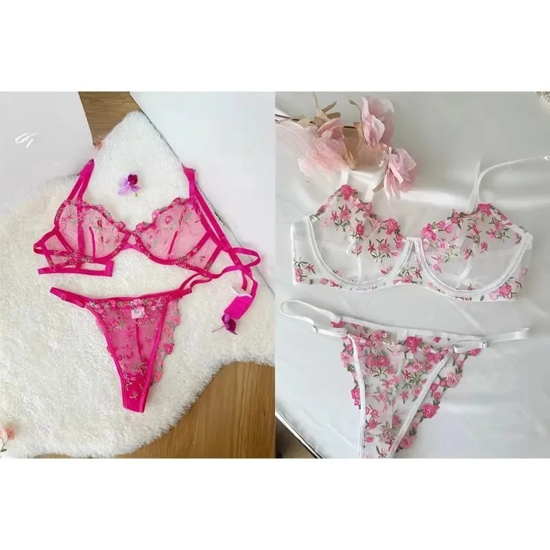 Korean Hot Lace Bra Set Floral Embroidery Transparent Mesh Ultra Thin Big Bust Modest Summer Ladies Daily Wear Underwear 32-38