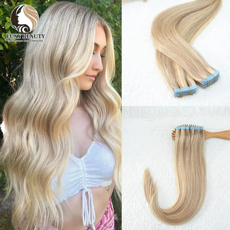 Fita balayage longa e reta em extensões de cabelo, cabelo humano real, sem costura, trama de pele, fita pu, cabelo natural, preto, marrom, loiro, 20 peças