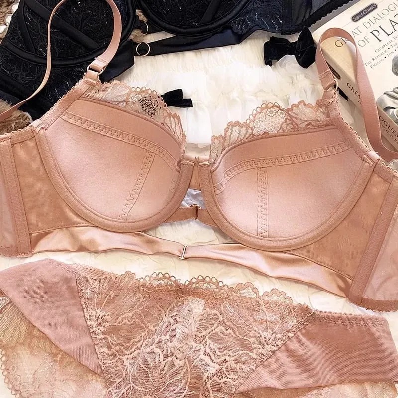 New Big Size Thin Cotton Lace Lingerie Set For Women Sexy Push Up Ladies Underwear Panties Hollow Out Female Intimates