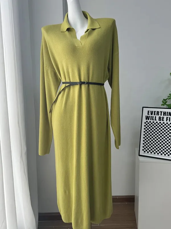 Hirsionsan Gaun Sweter Leher Polo Longgar Musim Gugur Musim Dingin Lengan Panjang Gaun Rajut Solid Elegan Lembut Wanita Pakaian Baru 2025 Wanita