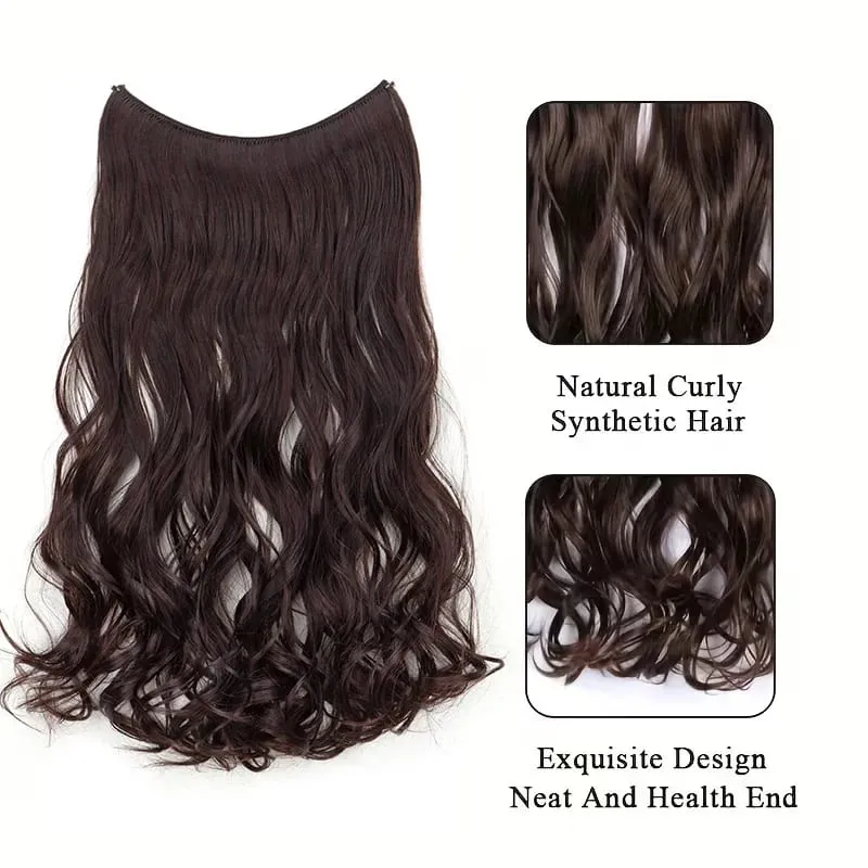 20Inch Synthetic Long Curly Invisible Wire Hair Extensions Headband Heat Resistant No Clips Hairpiece for Women