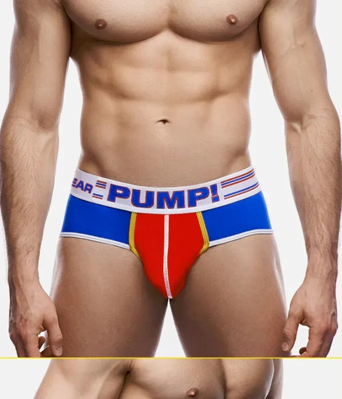 Celana Dalam Katun Warna Blok Pria, Pump! Logo Celana Dalam Kantong Cembung 3D Seksi Bertingkat Rendah Ikat Pinggang Lebar 3256813080433415