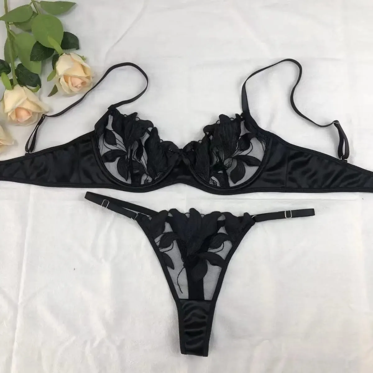 Floral Embroidery Sexy Lingerie Set for Women Underwear Transparent Bralette Underwire Push Up Bra and Panty 2 Piece Set