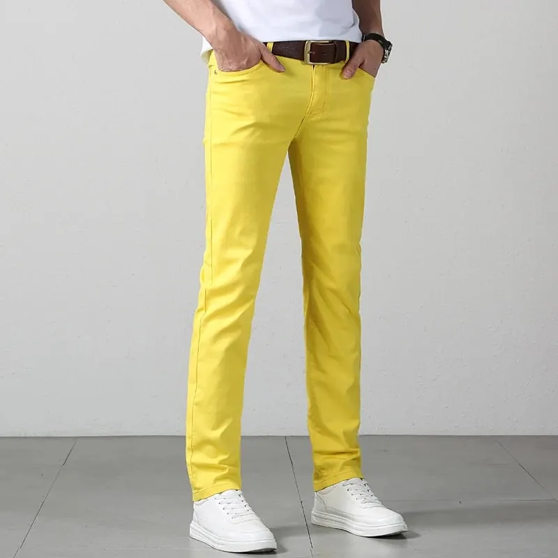 Elastic Cotton Slim Jeans Men Spring Korean Fashion Comfortable Casual Straight Leg Business Denim Trousers Yellow Pink Red
