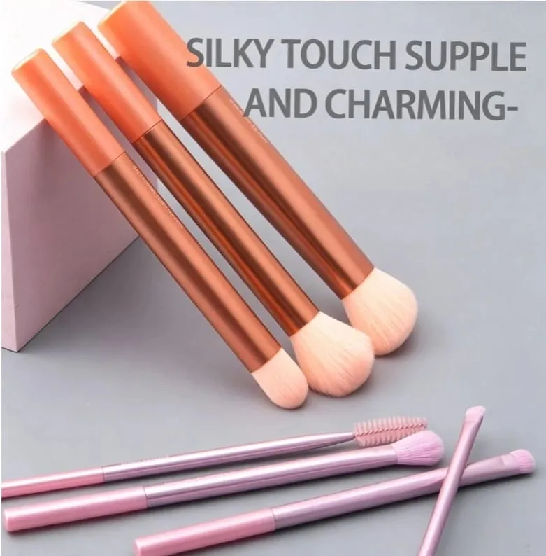 7Pcs R Series Orange Slanted Cut Makeup Brush Set with Beauty Sponge Blender Fluffy Brushes for Foundation Make-up