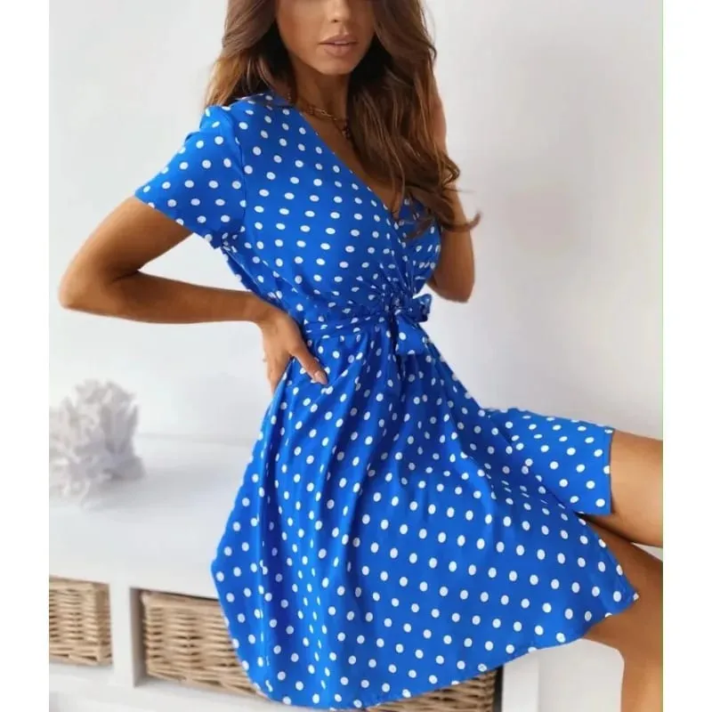 Summer Women's Polka Dot Printed Short Sleeved Casual Dress Fashionable V-neck Belt Commuting Dress Holiday Party Women's Dress