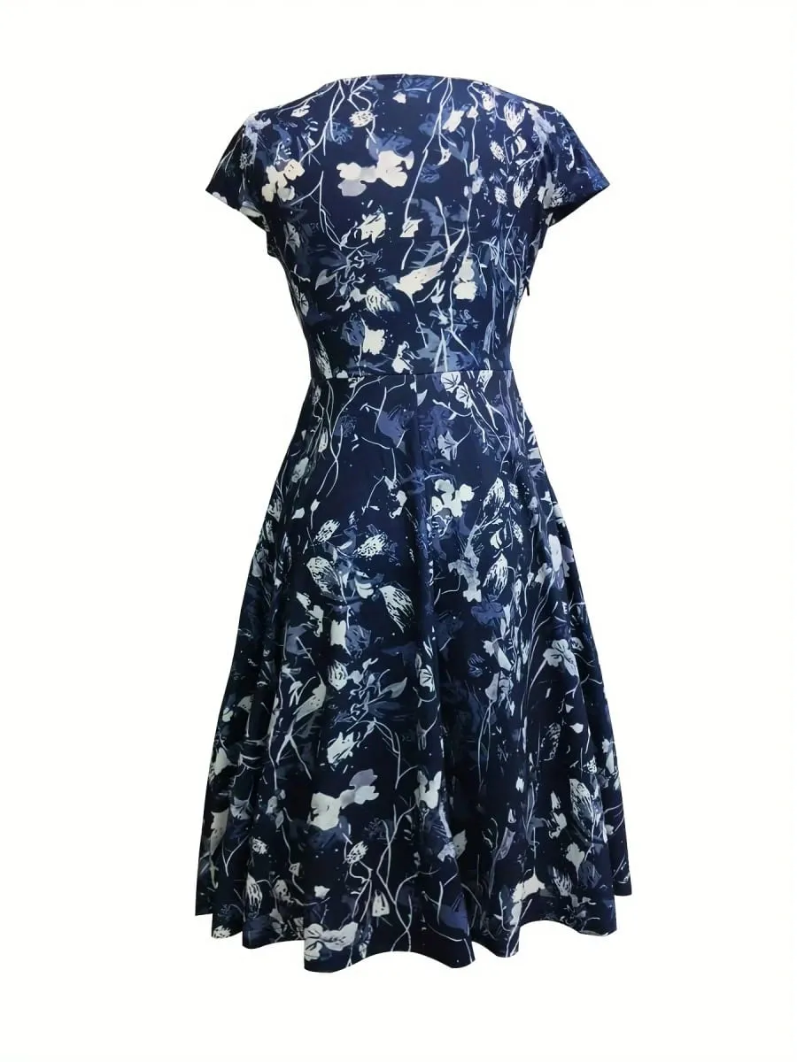 Elegant Floral Printed V-Neck Mid-Length Pocket Dress Polyester Blends for Spring Summer Autumn Three Season Women's Dress