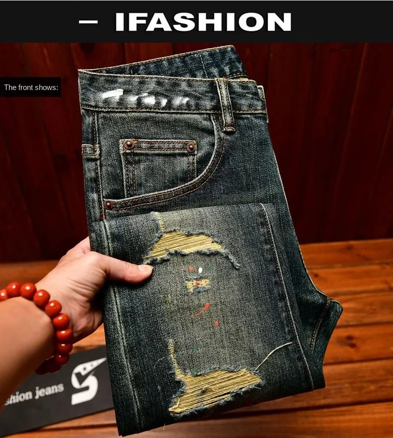 Broken hole patch jeans for men 2025 new men's clothing paint printing trend design retro nostalgic slim fit denim pants