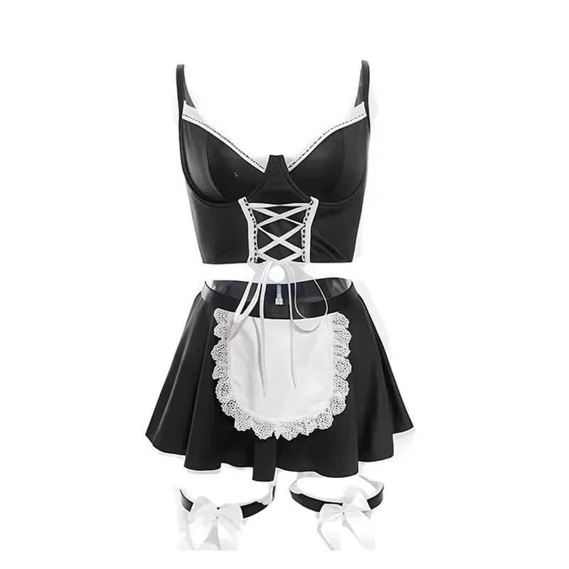 4Pcs/set Sexy Pink Lingerie Maid Underwear Lace Push Up Bra And Thongs Bandage Mini Dress For Women Role Play Outfits Sleepwear