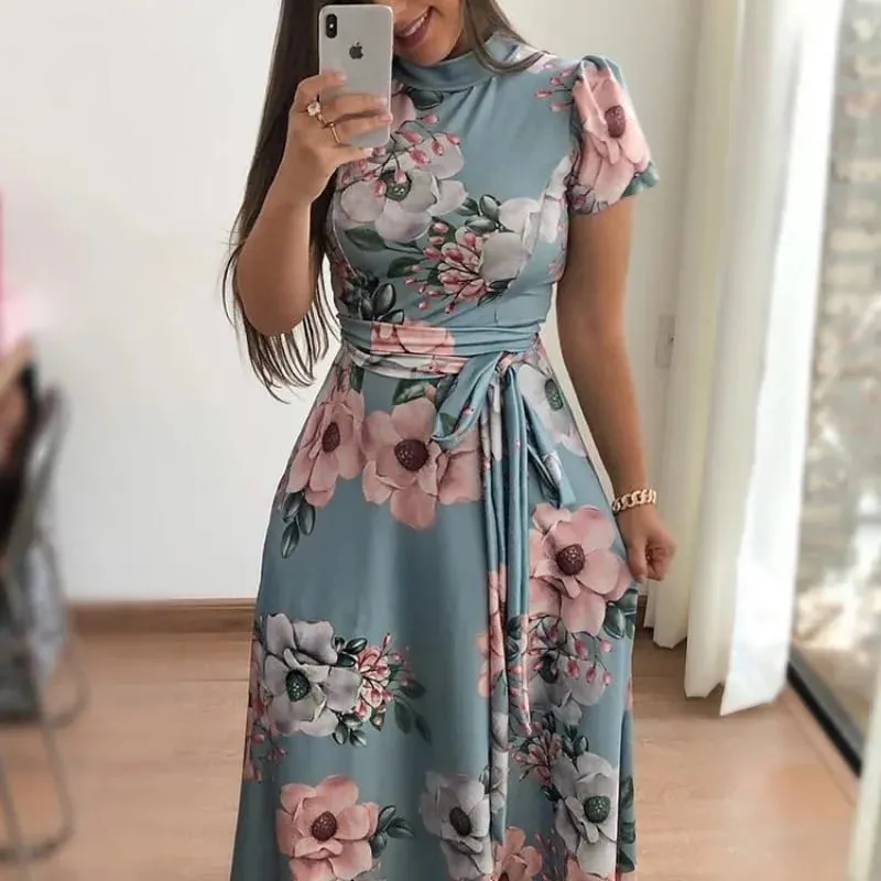 Women's Slim Dresses Casual Long Sleeve Round Neck Flower Printed Dress Strap Floor-Length Long Skirt Women's Clothing