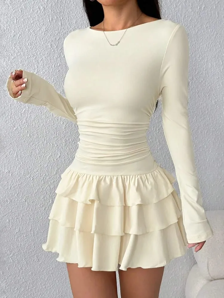 Autumn Winter Solid Color Slim Fit Cascading Ruffles Mini Dress Women Elegant Flare Sleeve High Waist Sexy Party Bodycon Dresses
