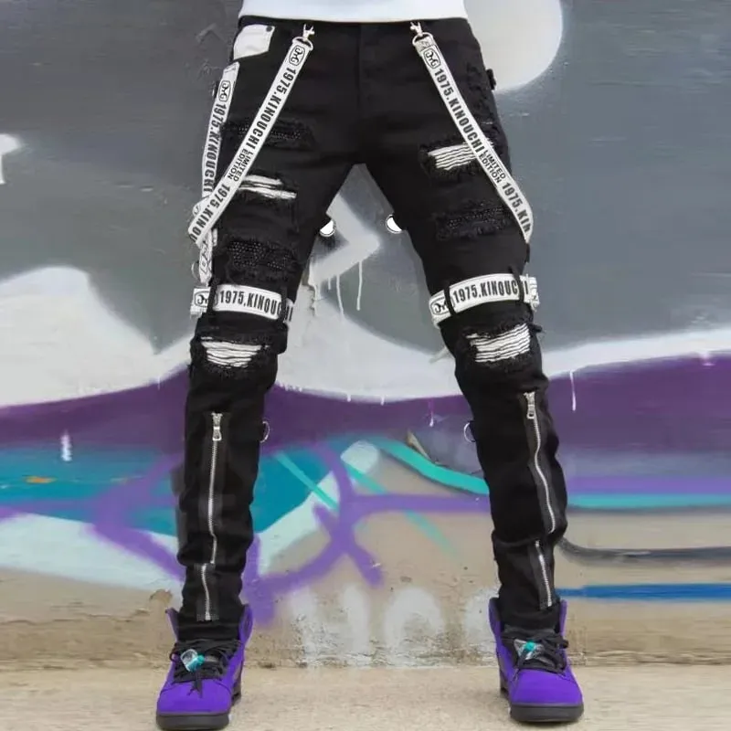 שחור רשת מטען ג'ינס גברים היפ הופ פאנק Goth Techwear אופנה גברים מכנסיים ג'ינס קרועים בסגנון מועדון לילה סקיני ג'ין גבר מכנסיים