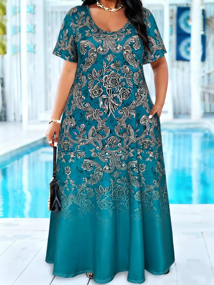 พลัสขนาด Teal Baroque พิมพ์ลายดอกไม้ Maxi Dress ฤดูร้อนลำลองแขนสั้นคอตักหลวม Long Sundress พร้อมกระเป๋า