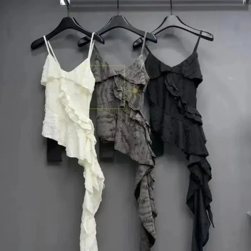 Y2K Hotsweet Women Camisole Gothic Ruffle Tank V-Neck Sleevless Tops Sexy Lady Irregular T-Shirts&Blouses Streetwear All-match