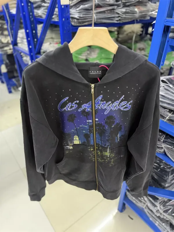 False Rhinestone Starry Sky Pattern Print Washed Zipper Loose Hoodie Street Casual Cotton Versatile Sports Trendy Sweatshirt