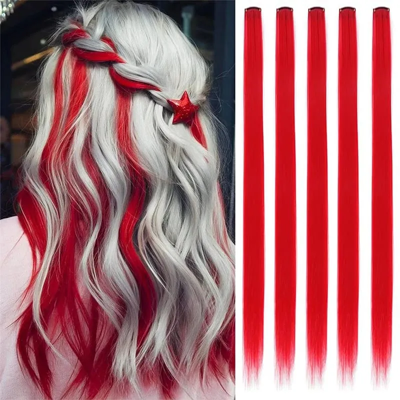 5 Pieces of Colorful Hair Clips 24 Inch Long Straight Fake Hair Clips Combined for Christmas Fashion Wig Pieces