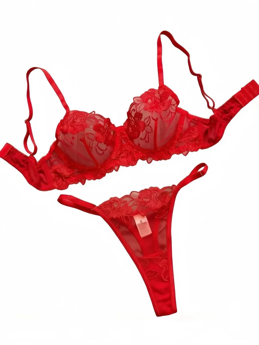 A1 Sexy Red Floral Embroidery Sheer Lace Lingerie Set S-XL Women See Through Mesh Bra Thong 2Pcs Romantic Valentine Intimates