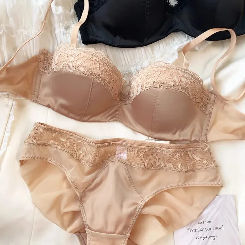Sexy Lace Embroidery Lingerie Set for Women 1/2 Thin Cup Push Up Bra High Quality Seamless Comfort Underwear Plus Size Brassiere