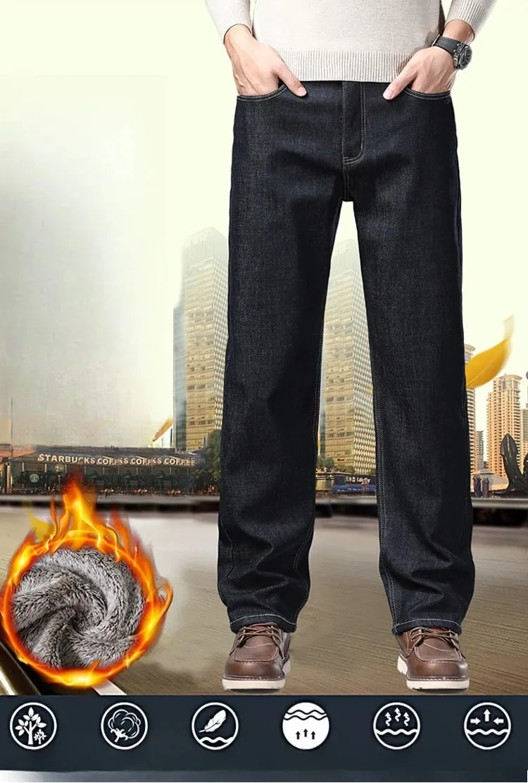 Pantalones vaqueros gruesos con forro polar para hombre, pantalones vaqueros ajustados elásticos cálidos de invierno, pantalones cómodos y suaves para ropa de trabajo diaria