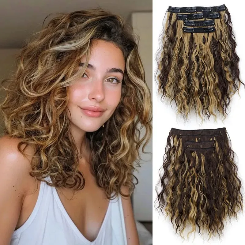 4 Pieces/Set Synthetic Clip In Hair Extensions Short Water Ripple Hair Pieces Soft Fluffy Curly Wig Fashion Hair Accessories