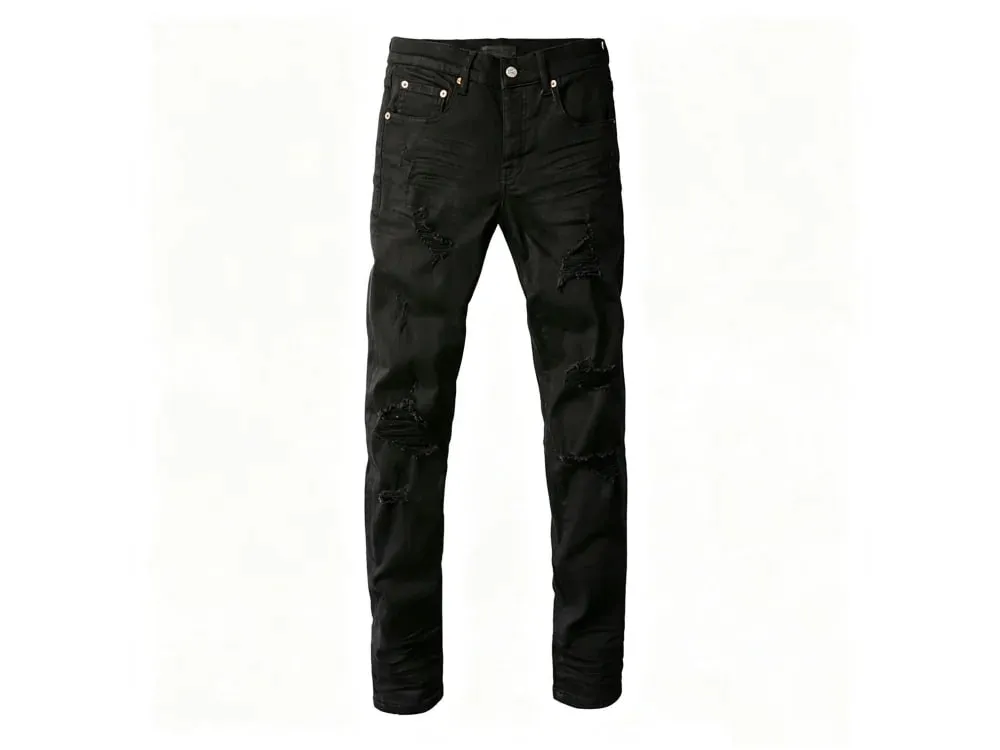 Men's Multiple Knee Ripped Slim Tapered Jeans Mid Rise Vintage Black Wash Heavily Frayed Button Fly High Street Style