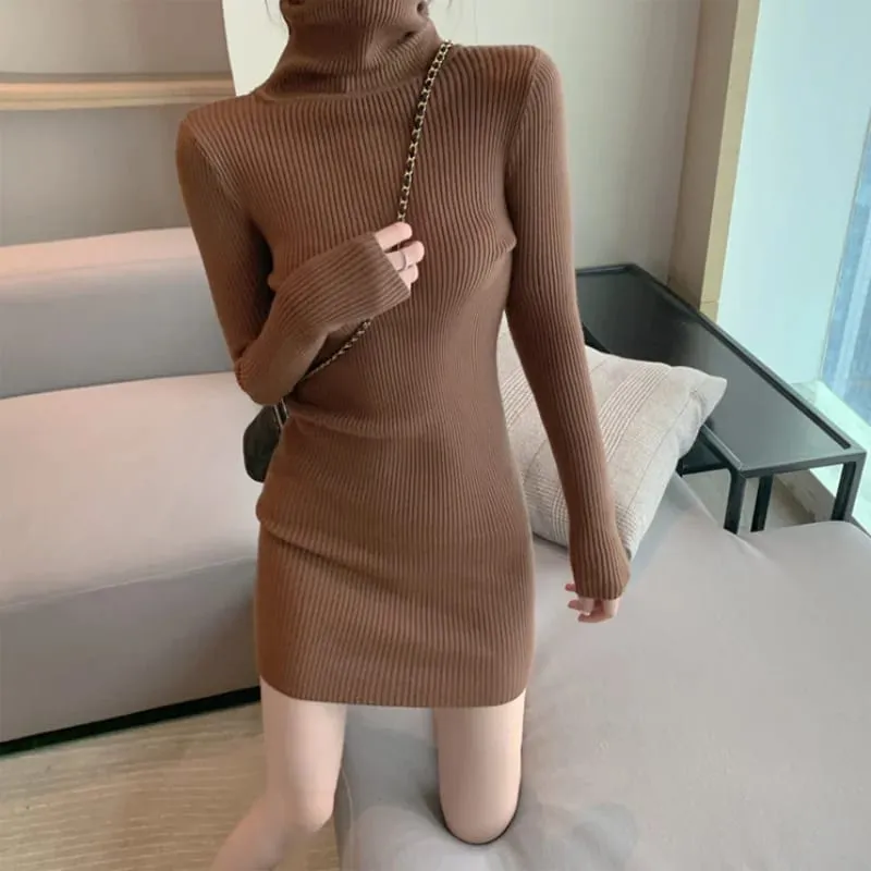 Gaun Bodycon Hangat Turtleneck Musim Gugur Musim Dingin Wanita Gaun Mini Seksi Pullover Kantor Solid Rajutan Lengan Panjang untuk Wanita 2025