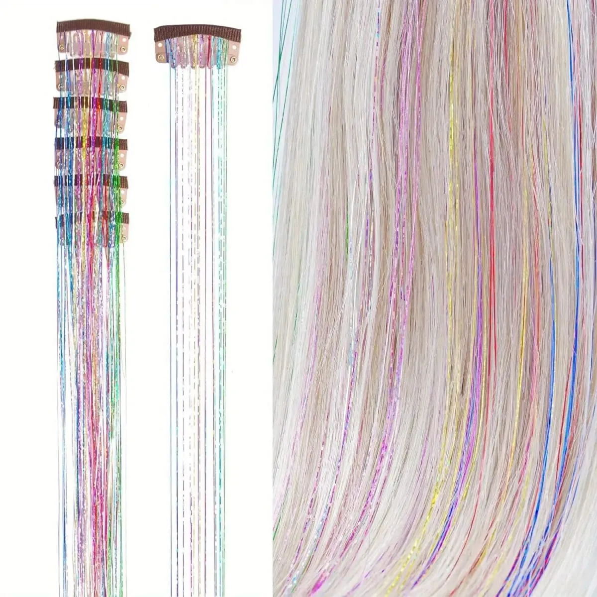 6Pcs 50cm Sparking Shiny Hair Tinsel Hair Extensions Tinsel Synthetic Hair Clip Extensions Women for Braiding Headdress