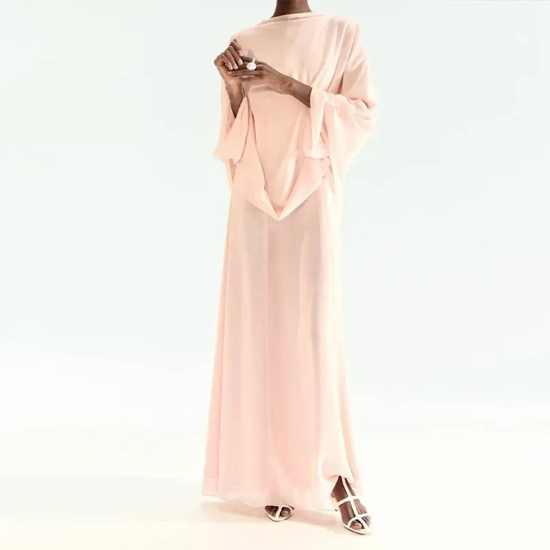 Minimalist Pink Chiffon Stand Collar Dresses Women Trendy Slim Fit Layered Shawl Sleeve Vestido Summer Beach Vacation Daily Gown