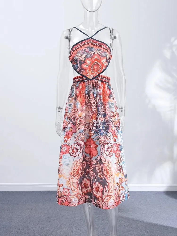 Women Printed V Neck Long Dress Flared Sleeve Lotus Leaf Edge High Waist Slim Fit Maxi Dresses Lady Elegant Evening Party Dress