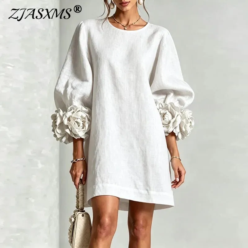 Women Solid Mini Dress Round Neck Puff Sleeve 3D Flower Cuff Loose Shift Dress Elegant Vacation Party Daily Casual Short Dresses — image 2