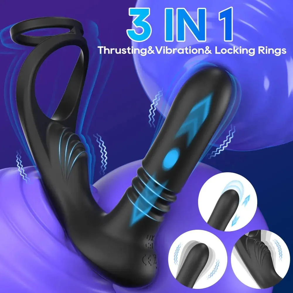3 in 1 Thrusting Anal Vibrator Remote Control Male Prostate Massager Cock Ring Telescopic Butt Plug Stimulator Sex Toy for Men
