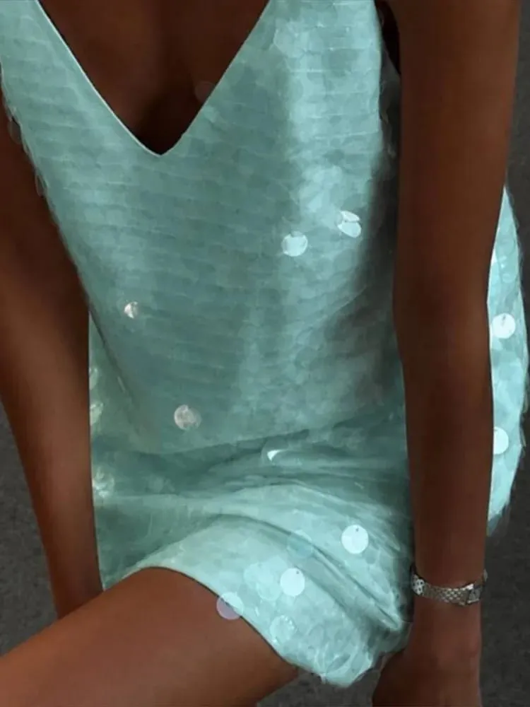 Sexy Beach Women's Summer Short Dress Loose Deep V-neck Sleeveless Backless Spaghetti Strap Sundress 2026 Solid Glitter Dresses