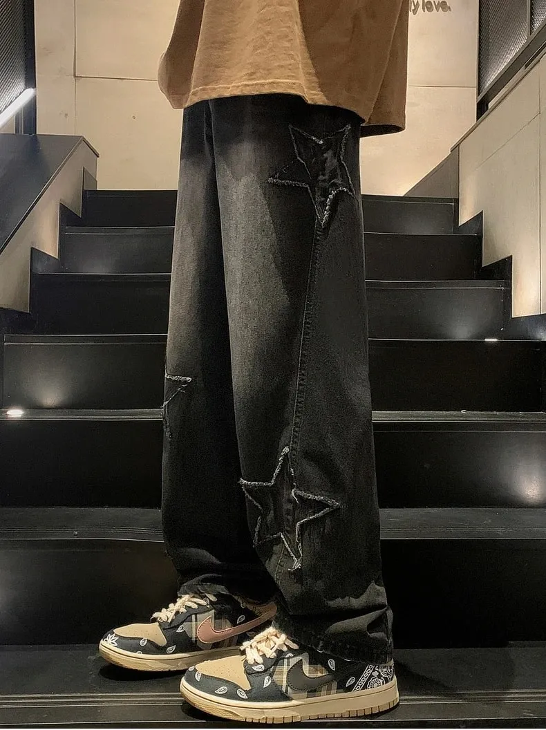 Men's Black Faded Baggy Wide Leg Jeans Raw Edge Star Patch Detail Hip Hop Street Style Casual Daily Going Out Loose Fit Denim Trousers