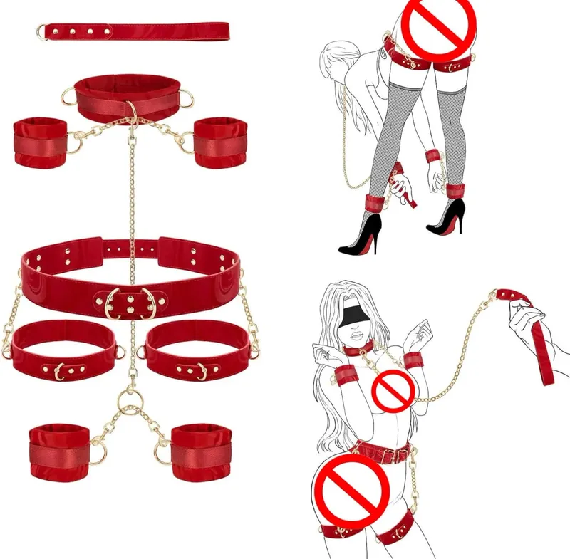 Sex Bondage BDSM Kit Mga Pagpigil mula sa Leeg hanggang sa Pulso SM Naaayos na Posas Bukong Thigh Cuff Cross Waist Strap Traction Chain Collar