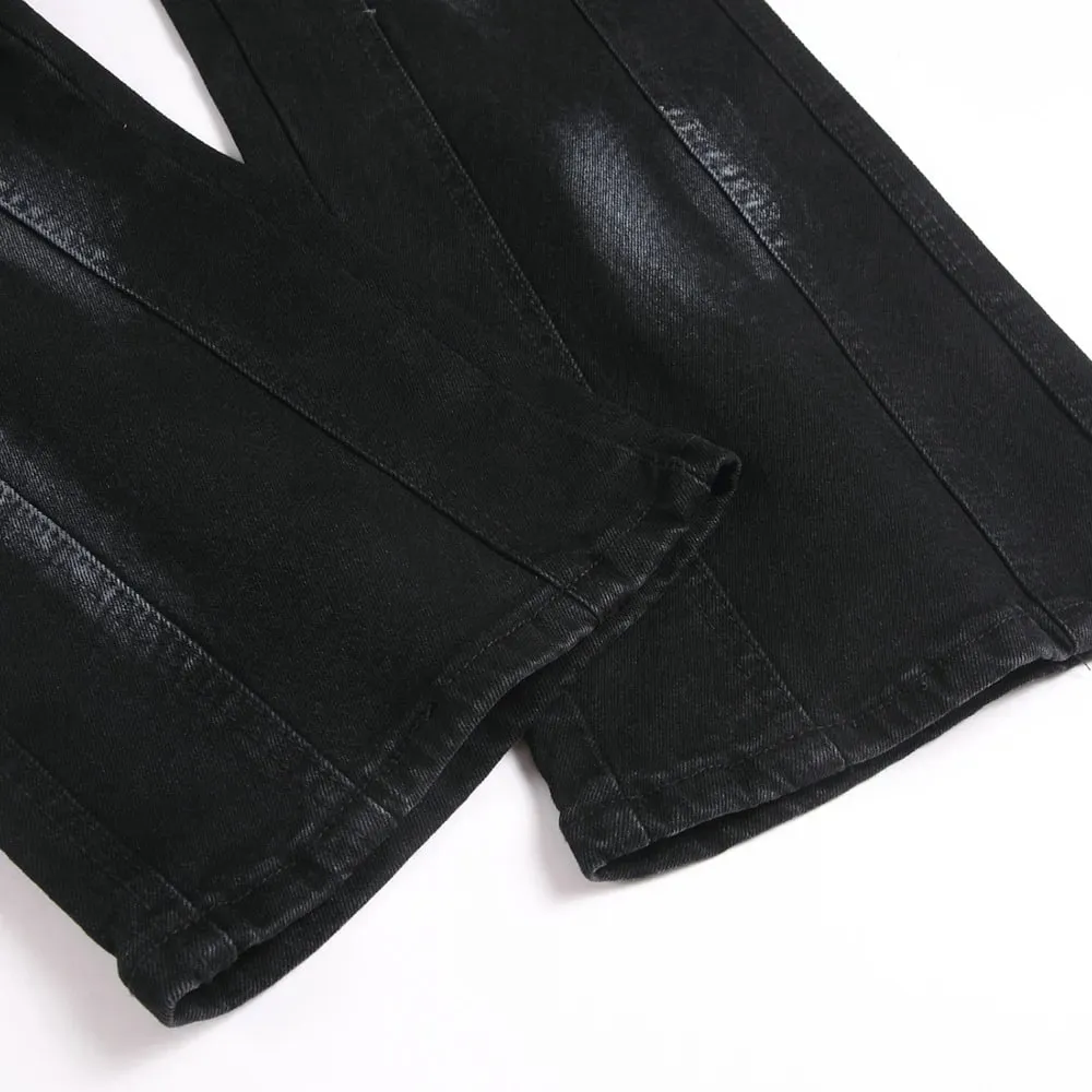Men Crystal Stars Jeans Fashion Rhinestone Boot Cut Pants Punk Black Spliced Stretch Denim Flared Trousers