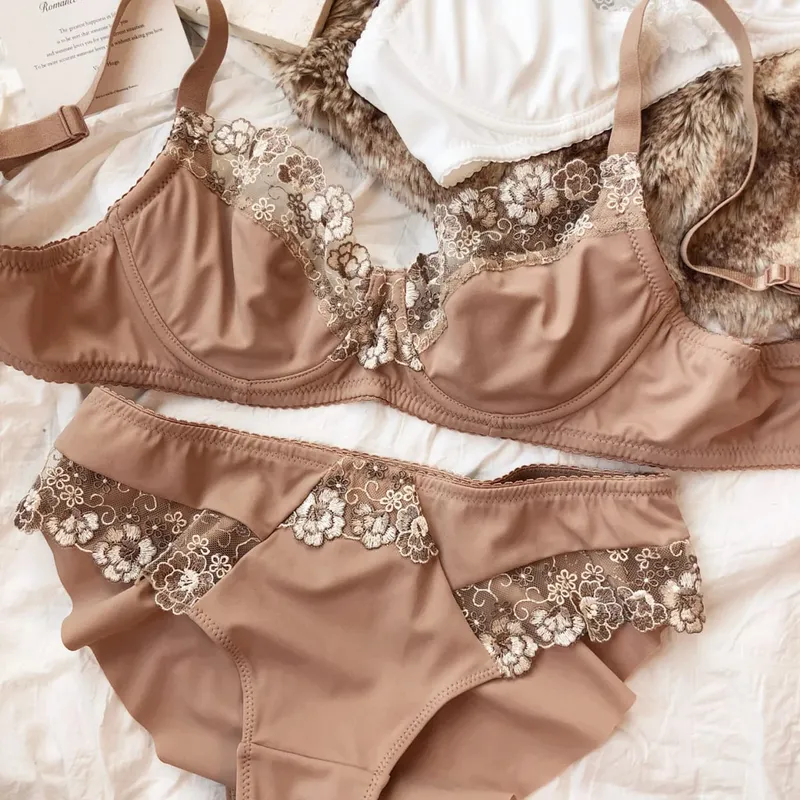French Lace Flowers Embroidery Bra Set for Women Ultra Thin Lingerie Sexy Underwire Push Up Bras Plus Size BCDEFG Cup Underwear